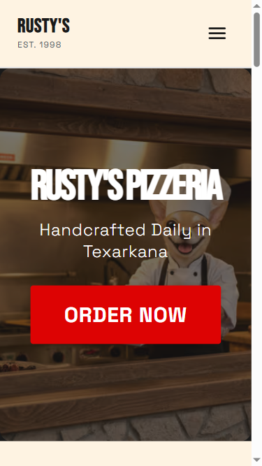 Mobile website preview showing Rusty's Pizzeria