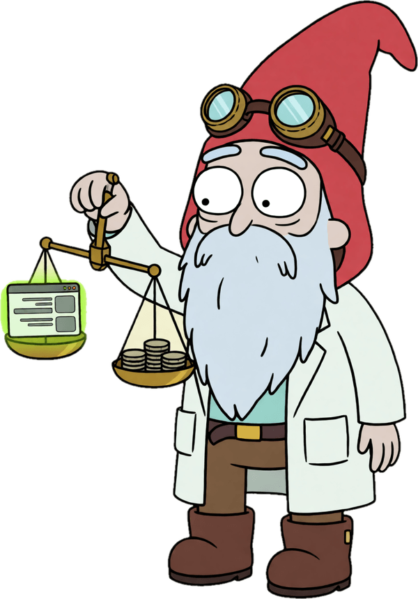 Gnomie weighing coins against a website on a brass balance scale