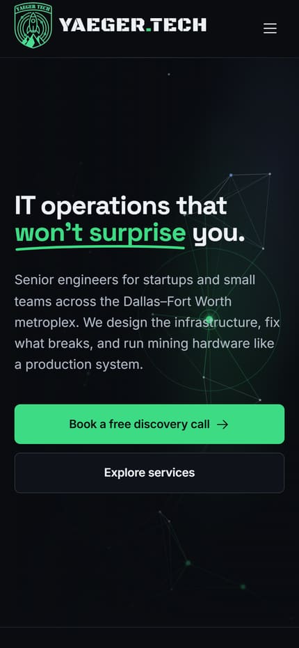 The Yaeger Technologies website on mobile